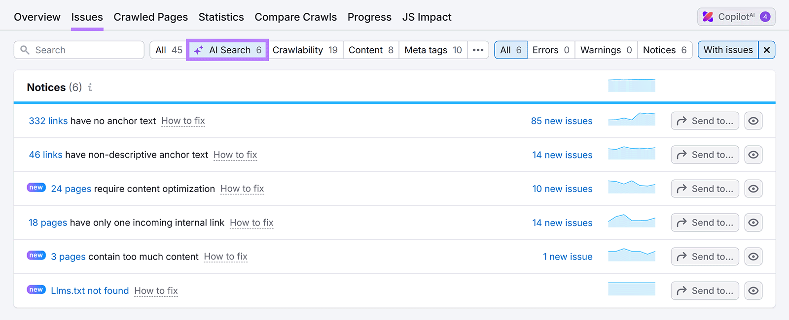 Semrush Site Audit Issues tab filtered for AI Search issues like missing llms.txt and content optimization