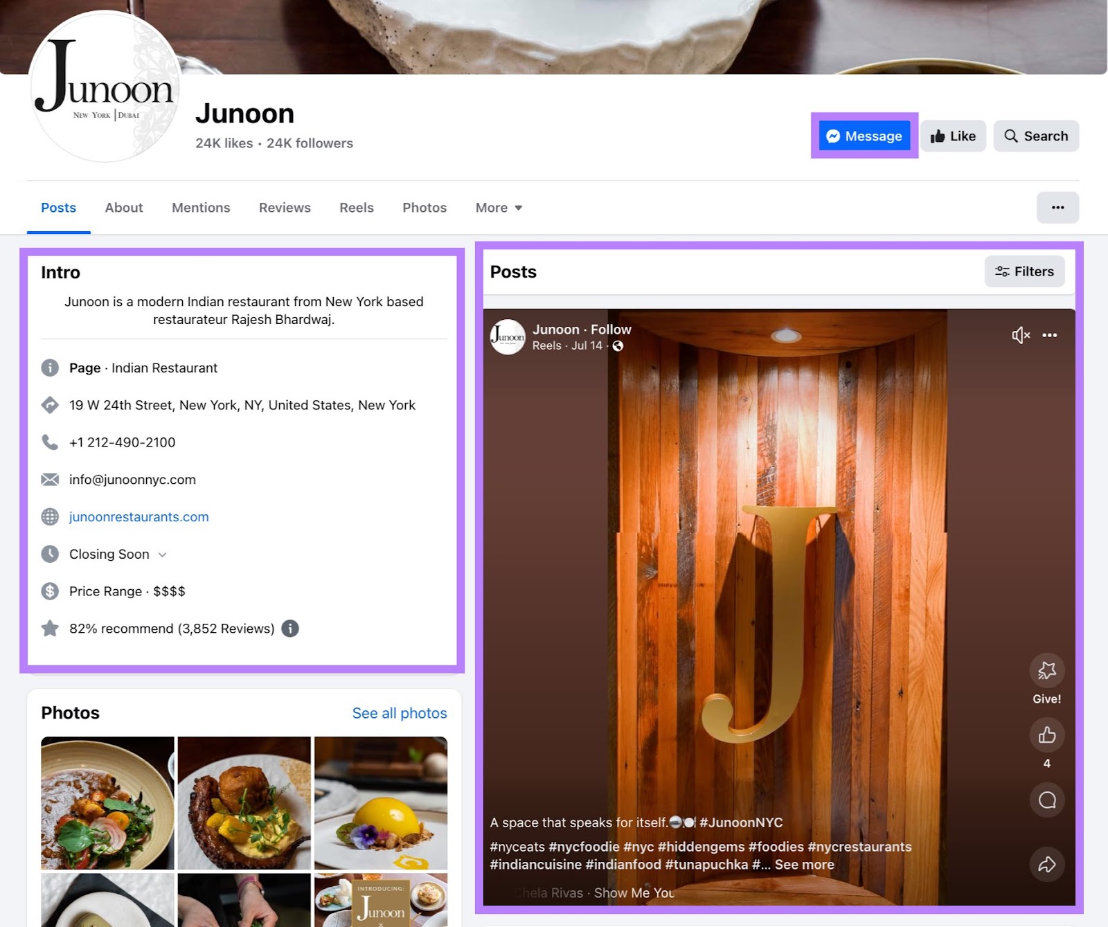 A Facebook Business Page with business information on the left, "Posts" on the right, and an option to message the business on the top.