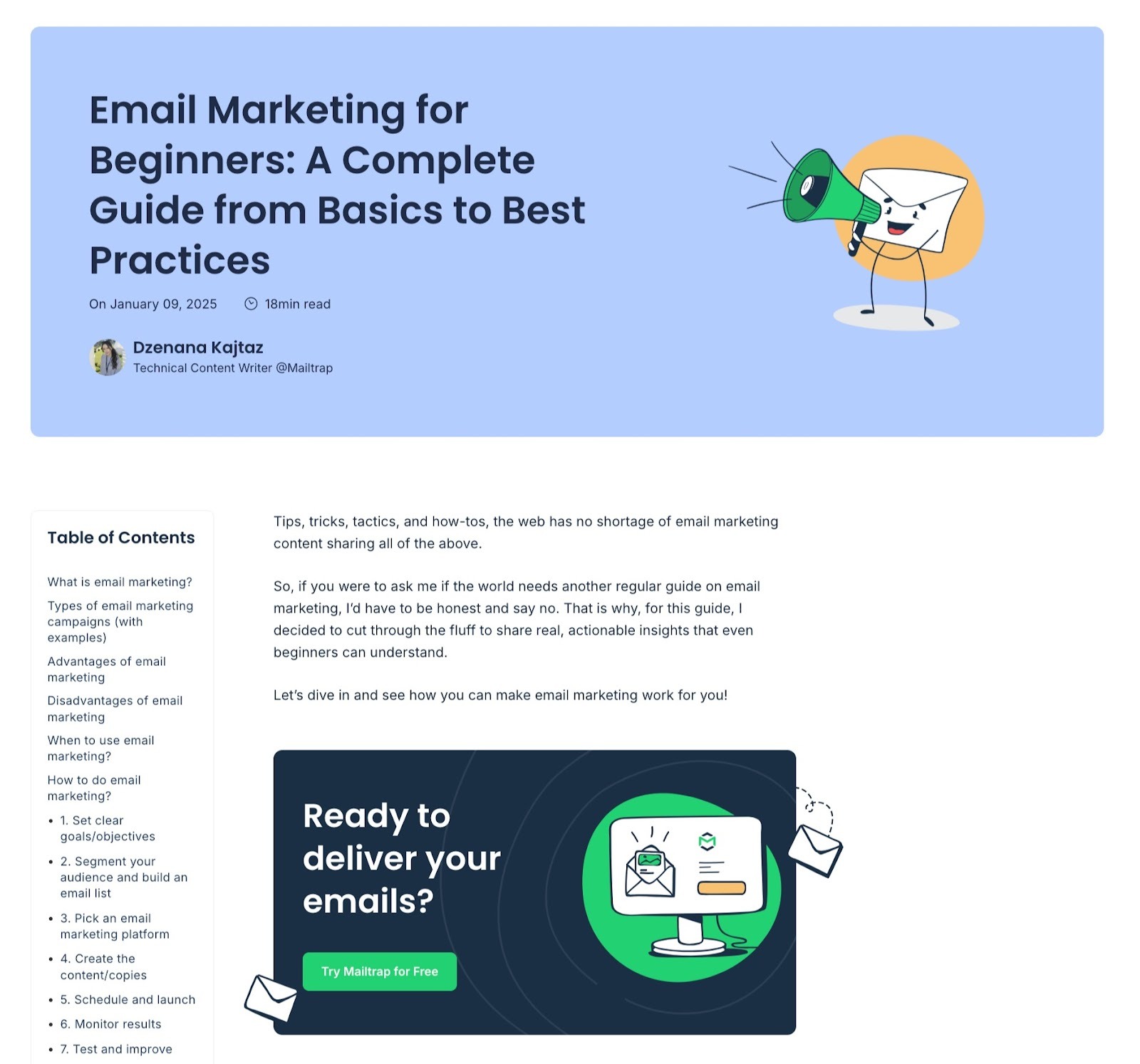 Pillar page by Mailtrap titled "Email Marketing for Beginners".