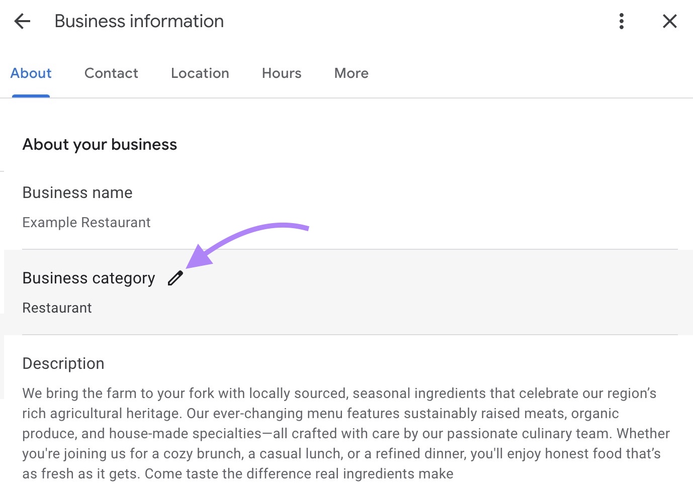 "Business information" window on GBP with options to update the business name, address, hours, category, etc.