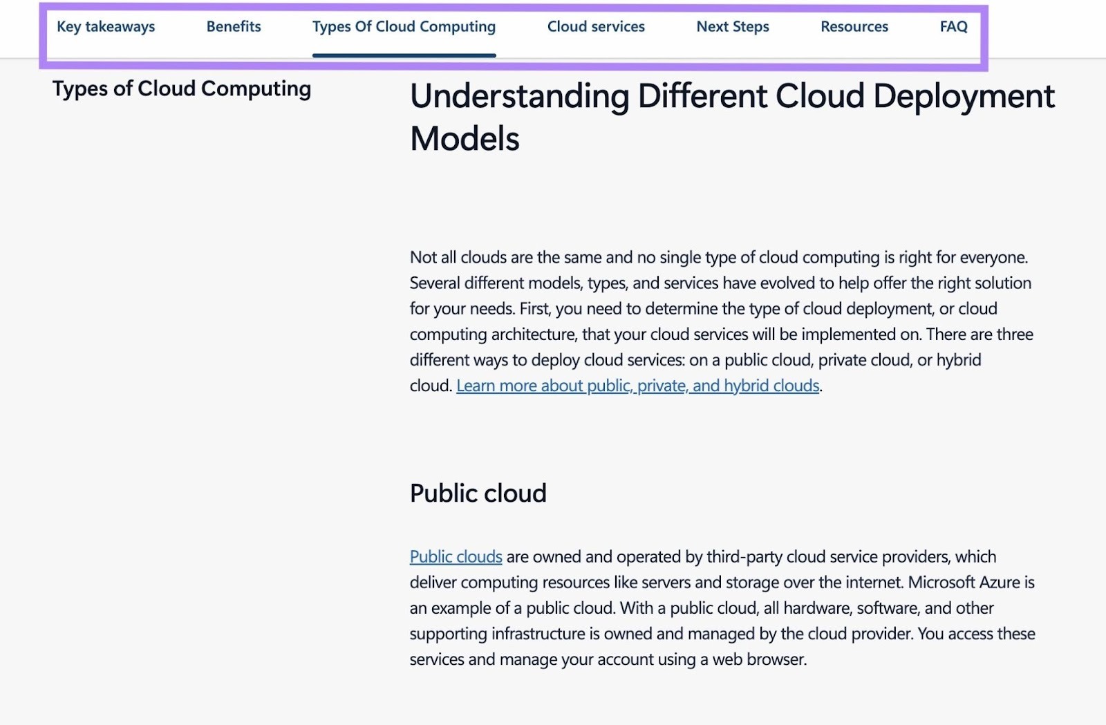 A horizontal list of sections at the top of a page for easy navigation.