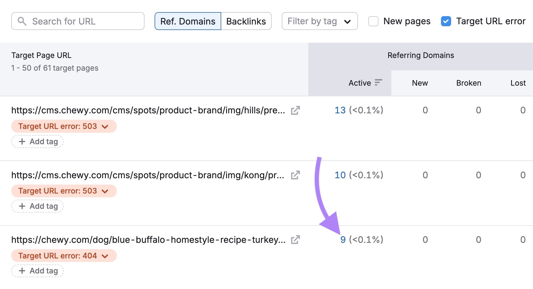A list of broken URLs on Backlink Audit with the number in the "Active" column next to a URL clicked.