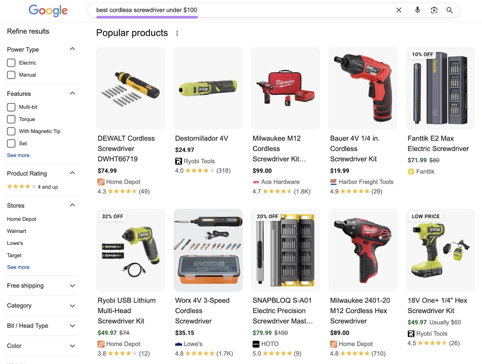 Google SERP for the term “best cordless screwdriver under $100” showing a list of popular products with an image, price, rating, etc.