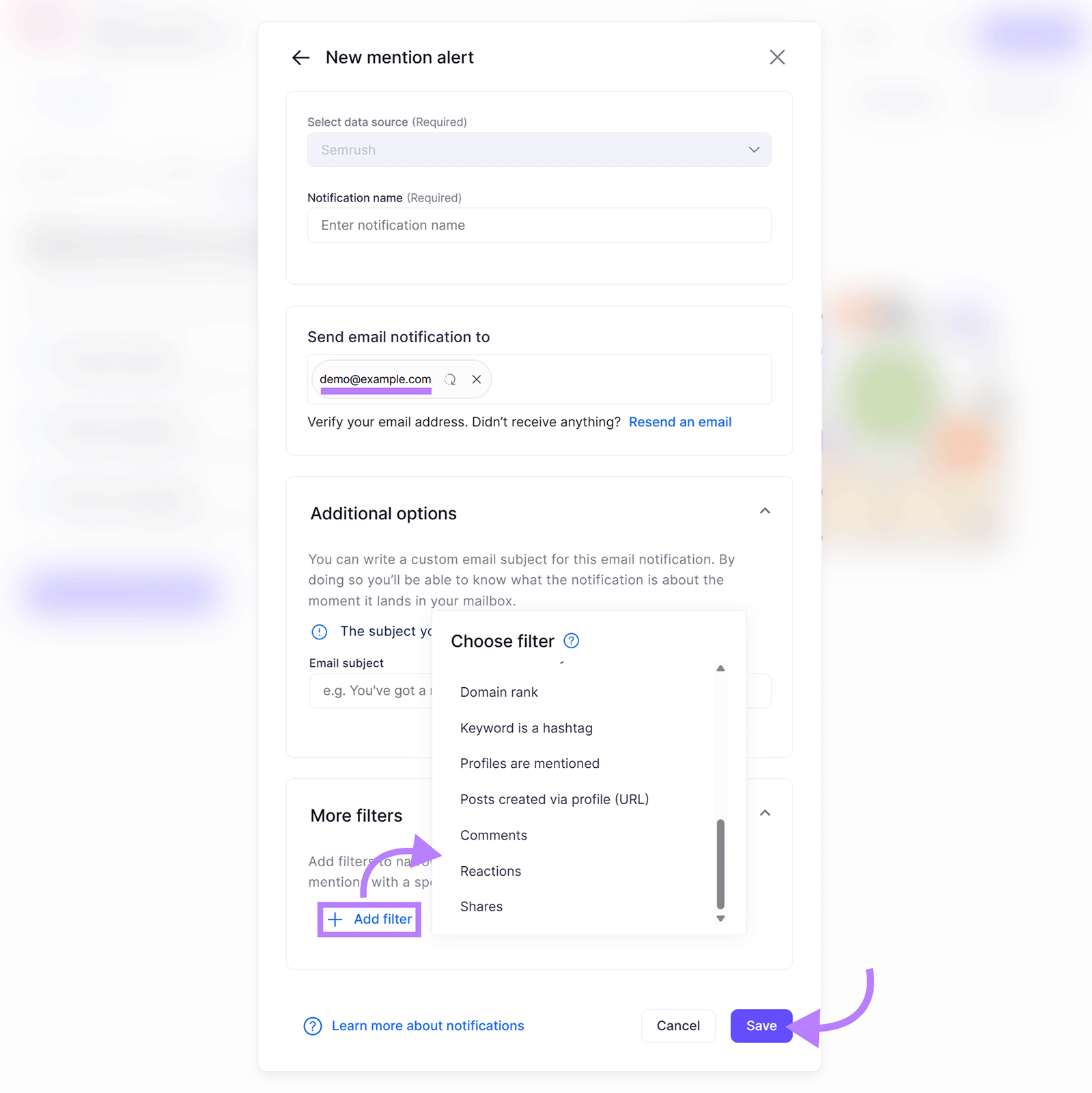 New mention alert setup form with email notifications and filter options in Semrush Brand Monitoring app