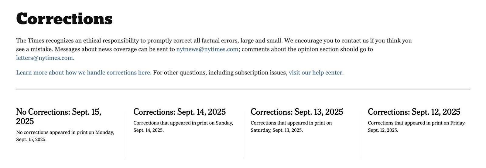 The "Corrections" page on New York Times displaying corrections and updates on articles published on their site.