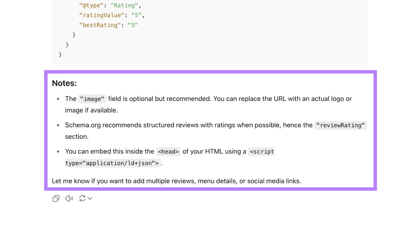 The "Notes" section showing helpful suggestions to improve the local schema markup on ChatGPT.