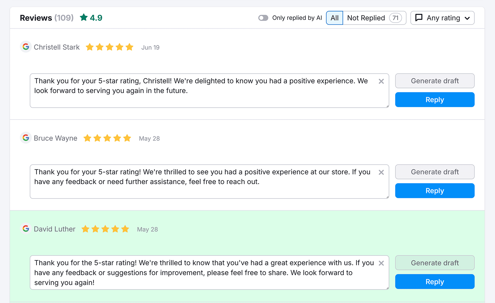 Dashboard of customer reviews with prewritten thank you replies for positive Google ratings