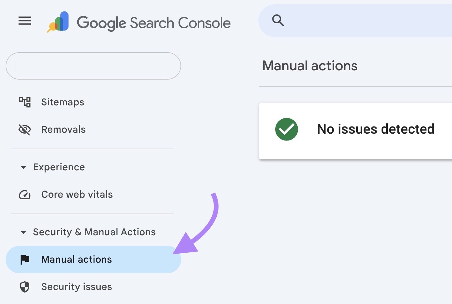 The "Manual actions" tab on Google Search Console showing "No issues detected".