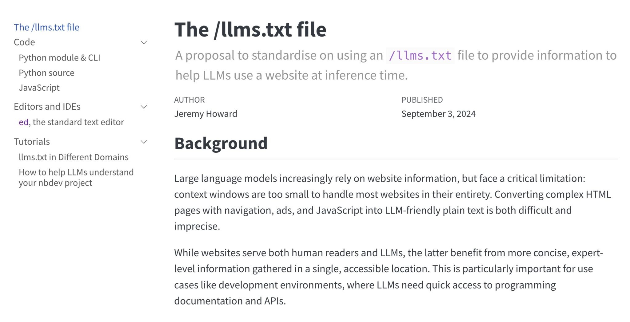 A webpage explaining the llms.txt file proposal showing the author as Jeremy Howard and background text.