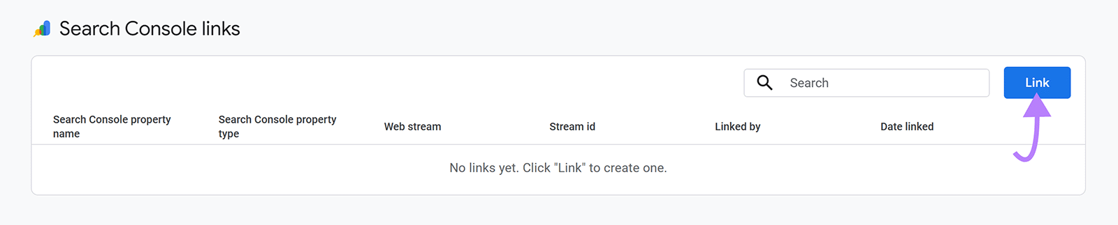 Search Console links page with arrow pointing to Link button