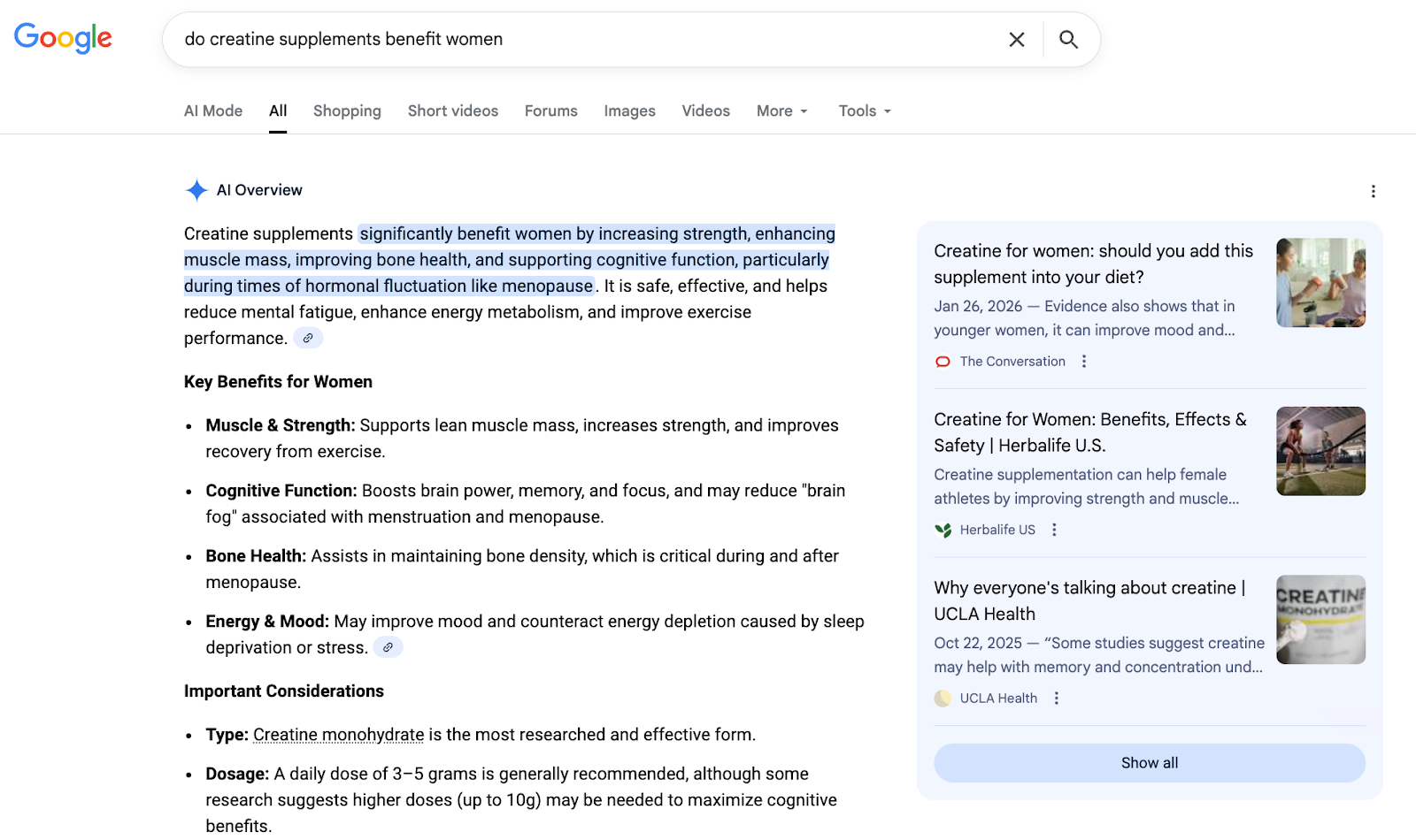 Google AI Overview for 'do creatine supplements benefit women' query citing recently published content as sources.