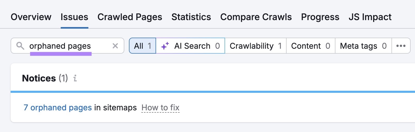 The "Issues" tab on Site Audit with "orphaned pages" entered showing a list of related notices.