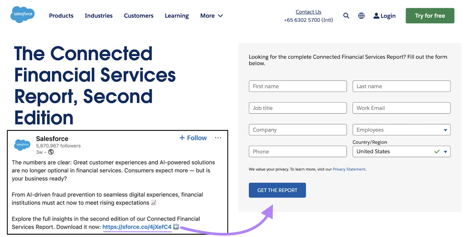 A landing page where users need to submit their information to access a report by Salesforce with the URL shared on a LinkedIn post.