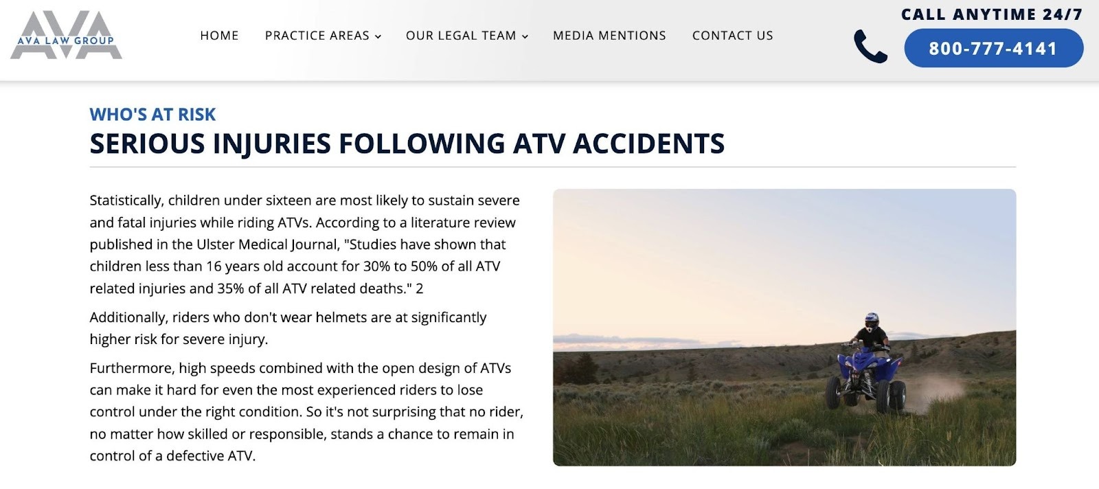 A blog post about ATV accidents by the AVA Law Group targeting people searching for that topic.
