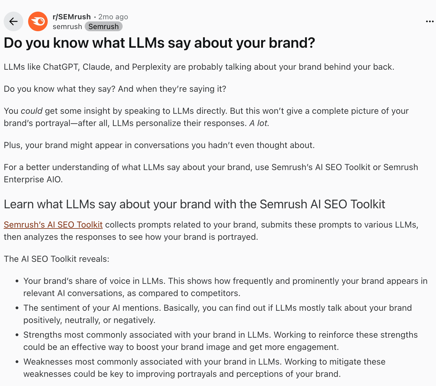 Sample Reddit post by Semrush