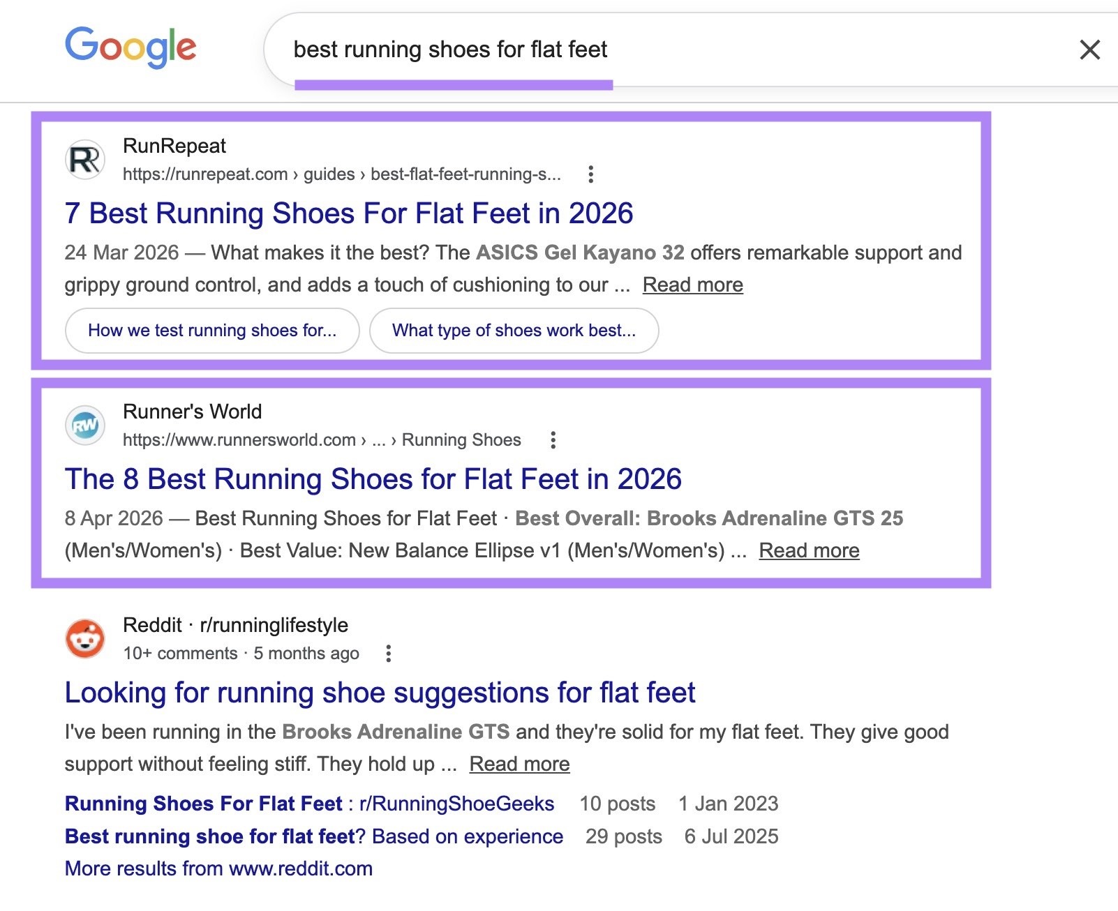 Google SERP for the term "best running shoes for flat feet" with two of the top three results being blog posts.