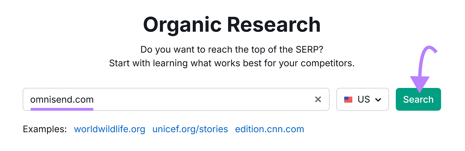 Organic Rankings tool with omnisend.com entered and arrow pointing to Search