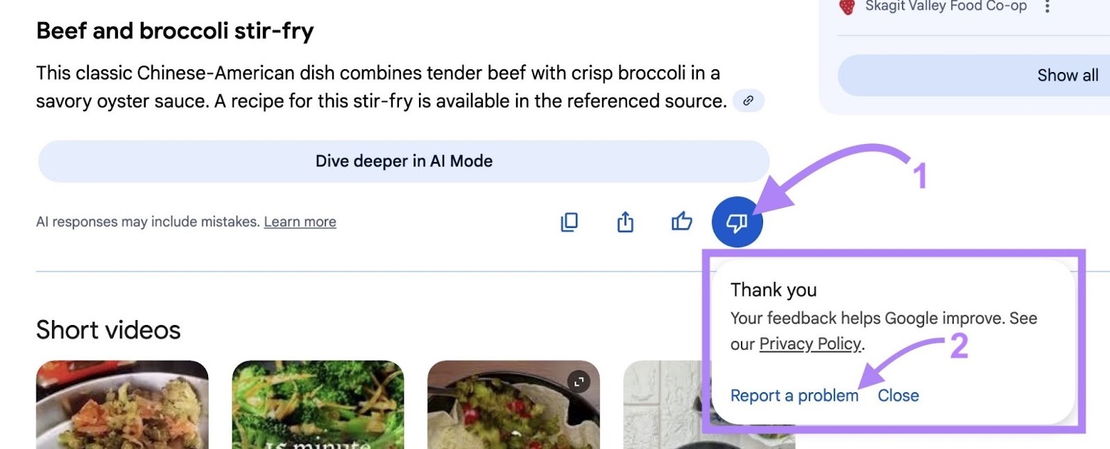 Flagging an error on an AI Overview by clicking the thumbs-down icon followed by "Report a problem" from the window that appears.