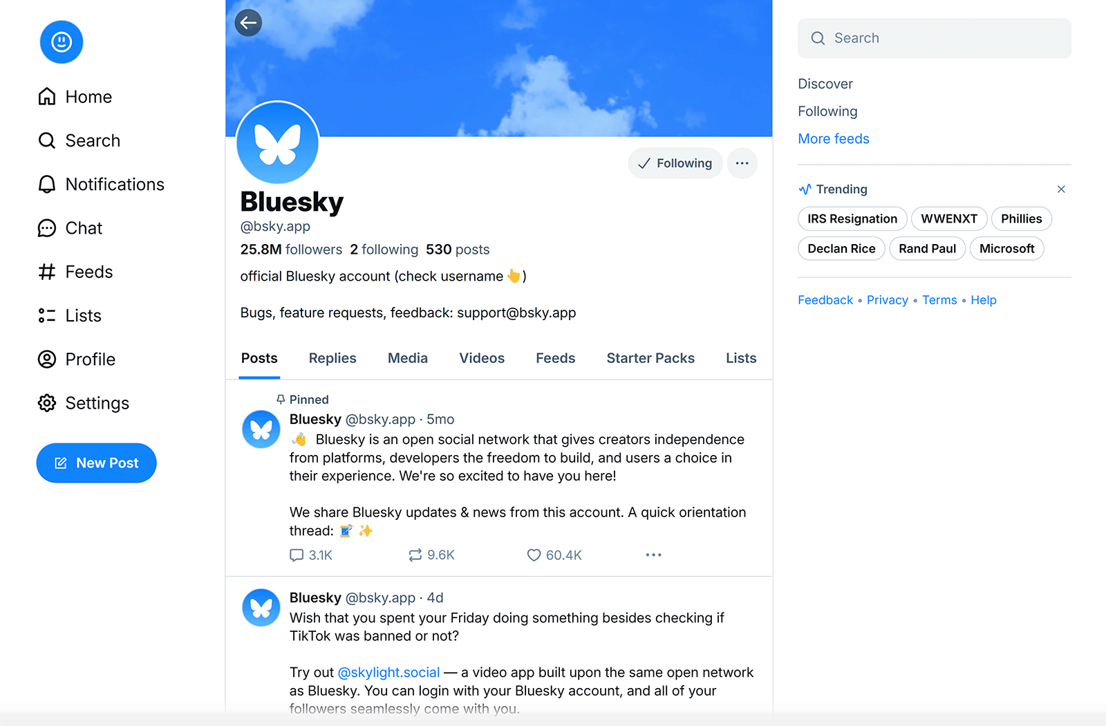 Screenshot of the official Bluesky social media profile with 25.8M followers. Posts include an introduction to Bluesky and a mention of a related platform, Skylight.