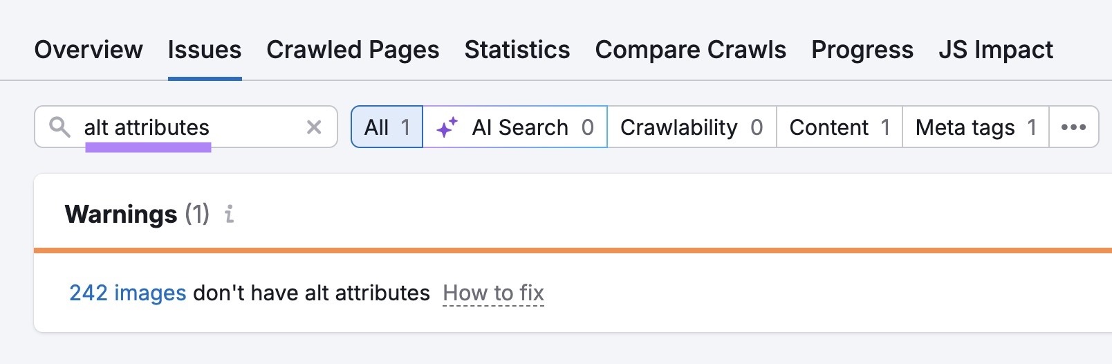 The "Issues" tab on Site Audit with "alt attributes" entered showing a list of related warnings.