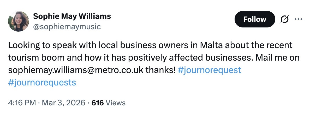A post on X by a journalist looking to speak with local business owners in Malta.