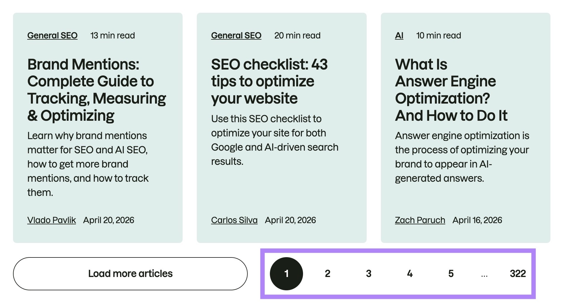 The Semrush blog page showing pagination links at the bottom (e.g., 1, 2, 3) used to navigate through multiple pages of blog posts.