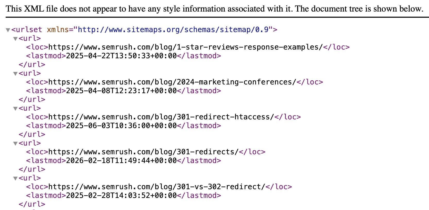 XML sitemap showing multiple Semrush blog URLs along with their last modified dates.