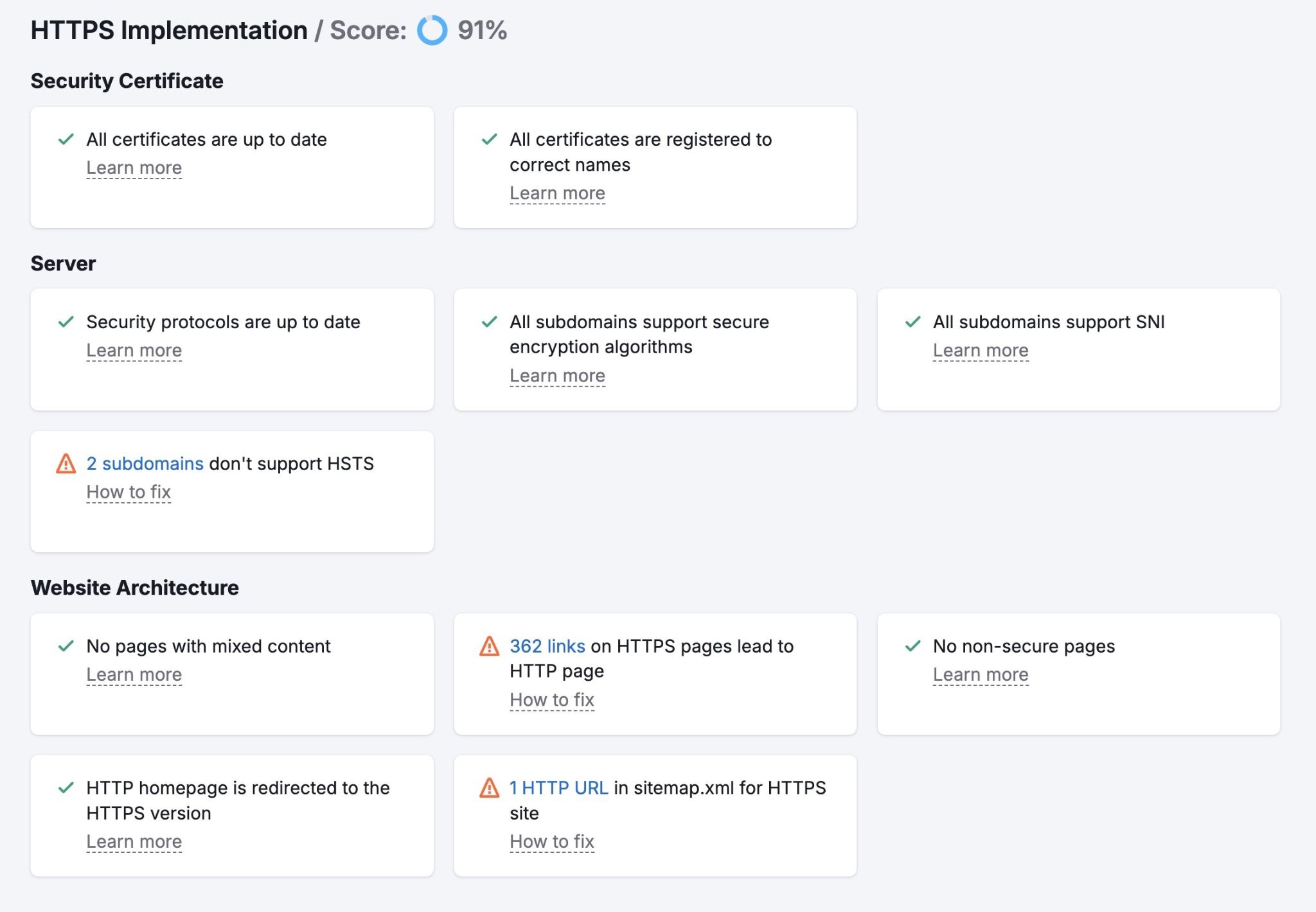 The HTTPS Implementation report on Site Audit showing the status of security certificates, server protocols, and website architecture.