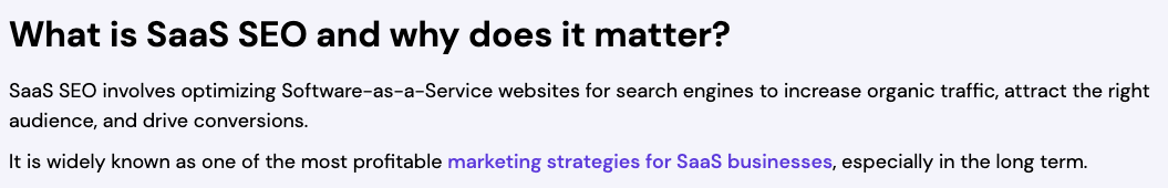 Text explaining what SaaS SEO is and why it matters for websites.