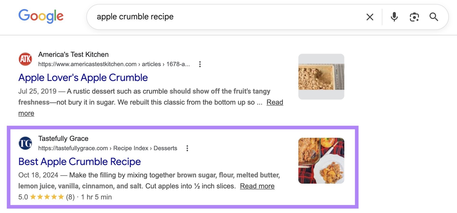 Google SERP with a recipe rich snippet with star ratings, number of reviews, and cooking time highlighted.