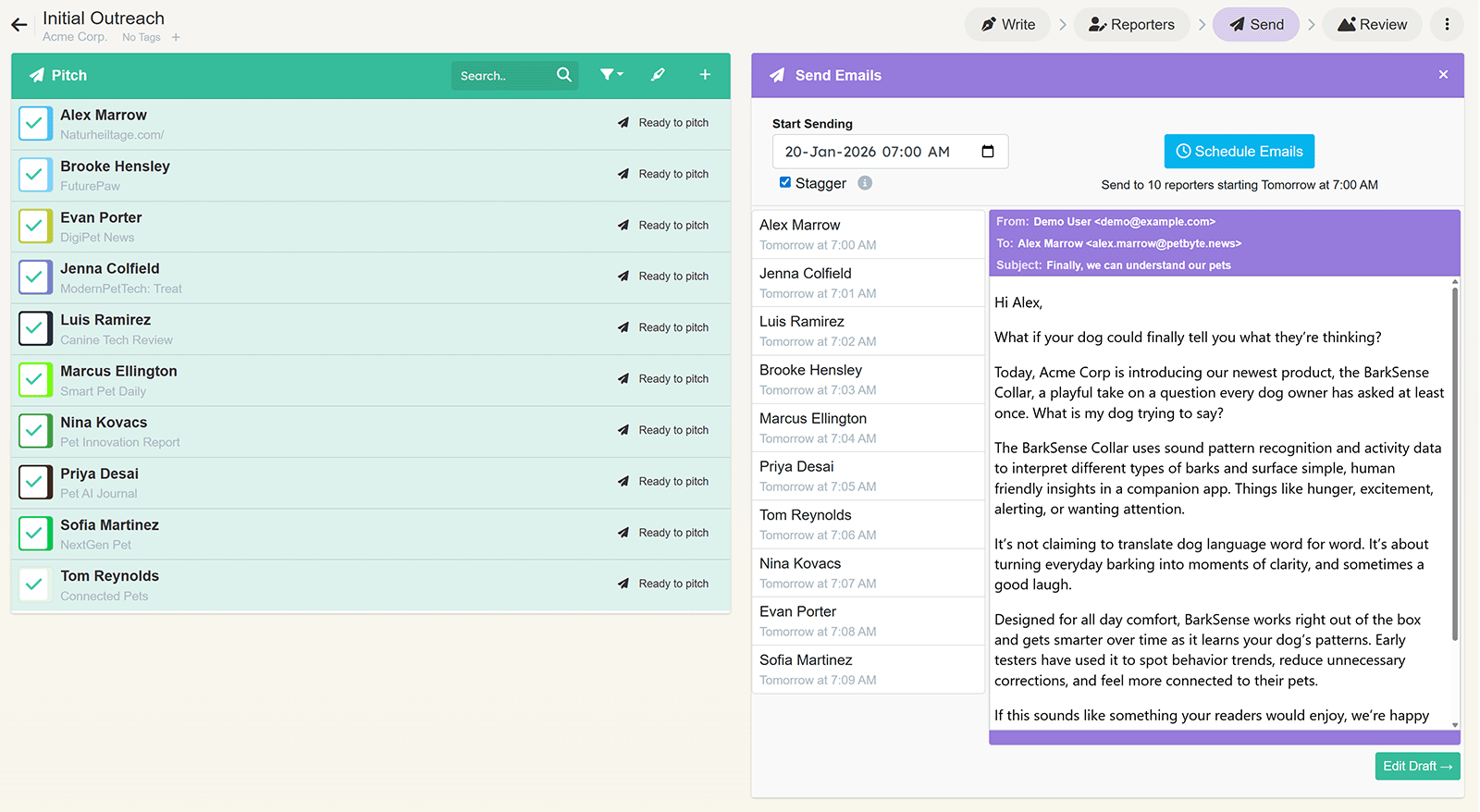 PitchFriendly email scheduling screen showing selected reporters, staggered send times, and a preview of the pitch email.