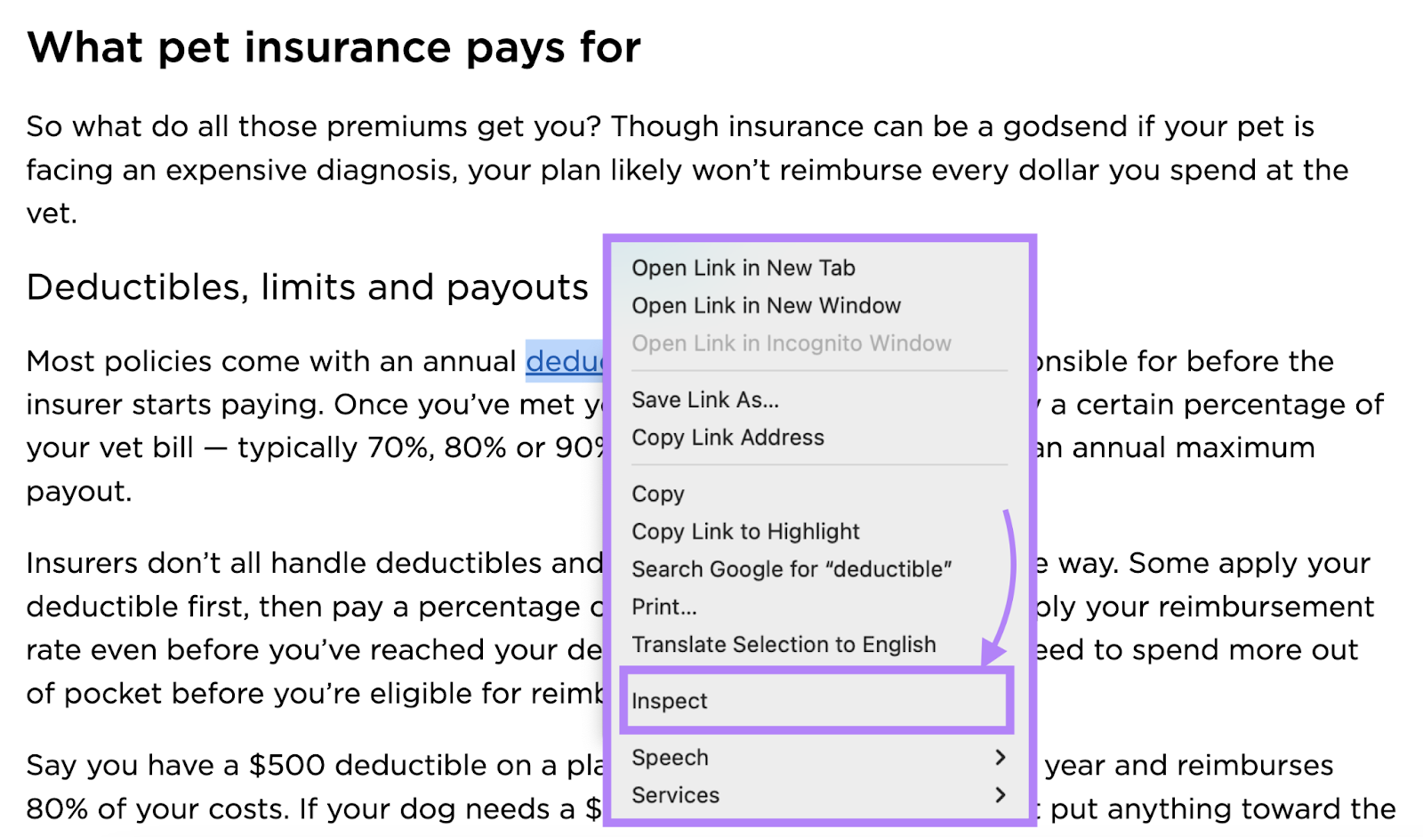 inspect option highlighted from right-click menu