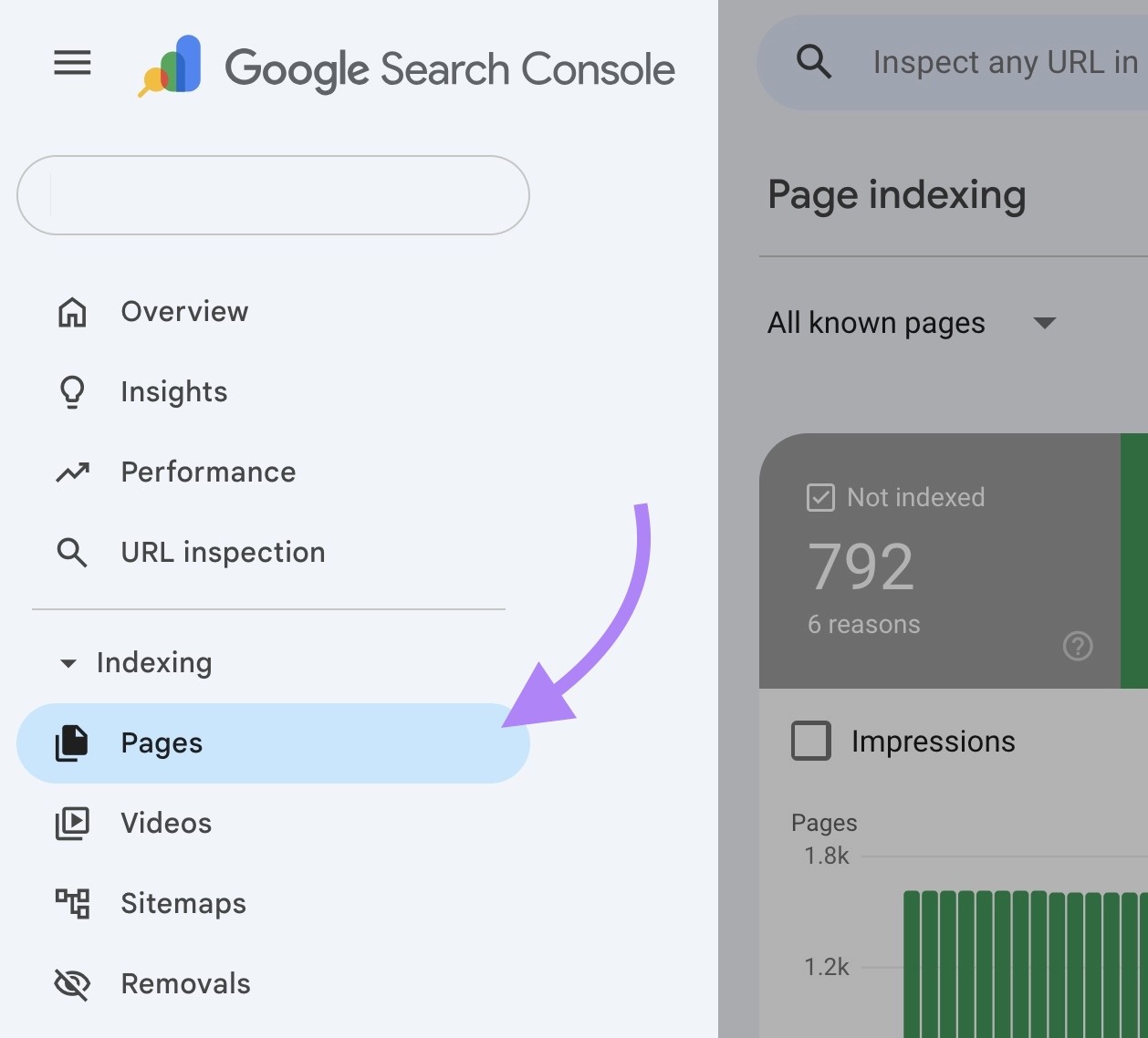 "Pages" under "Indexing" highlighted on the left-hand menu of Google Search Console.