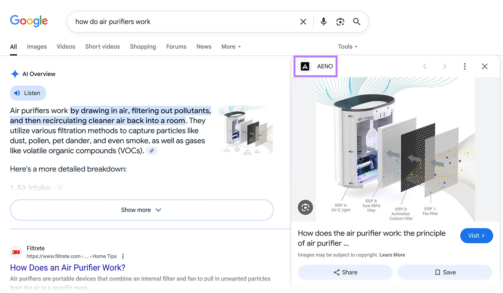 Google search result explaining how air purifiers work with diagram of filter parts with image from AENO