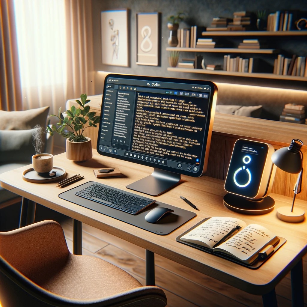 DALL-E-generated image for “writing a story in a modern home office using AI” prompt