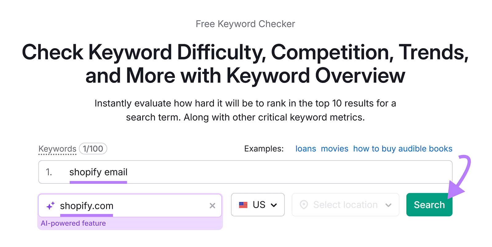 Keyword Overview tool input screen with ‘shopify email’ entered and arrow pointing to Search button