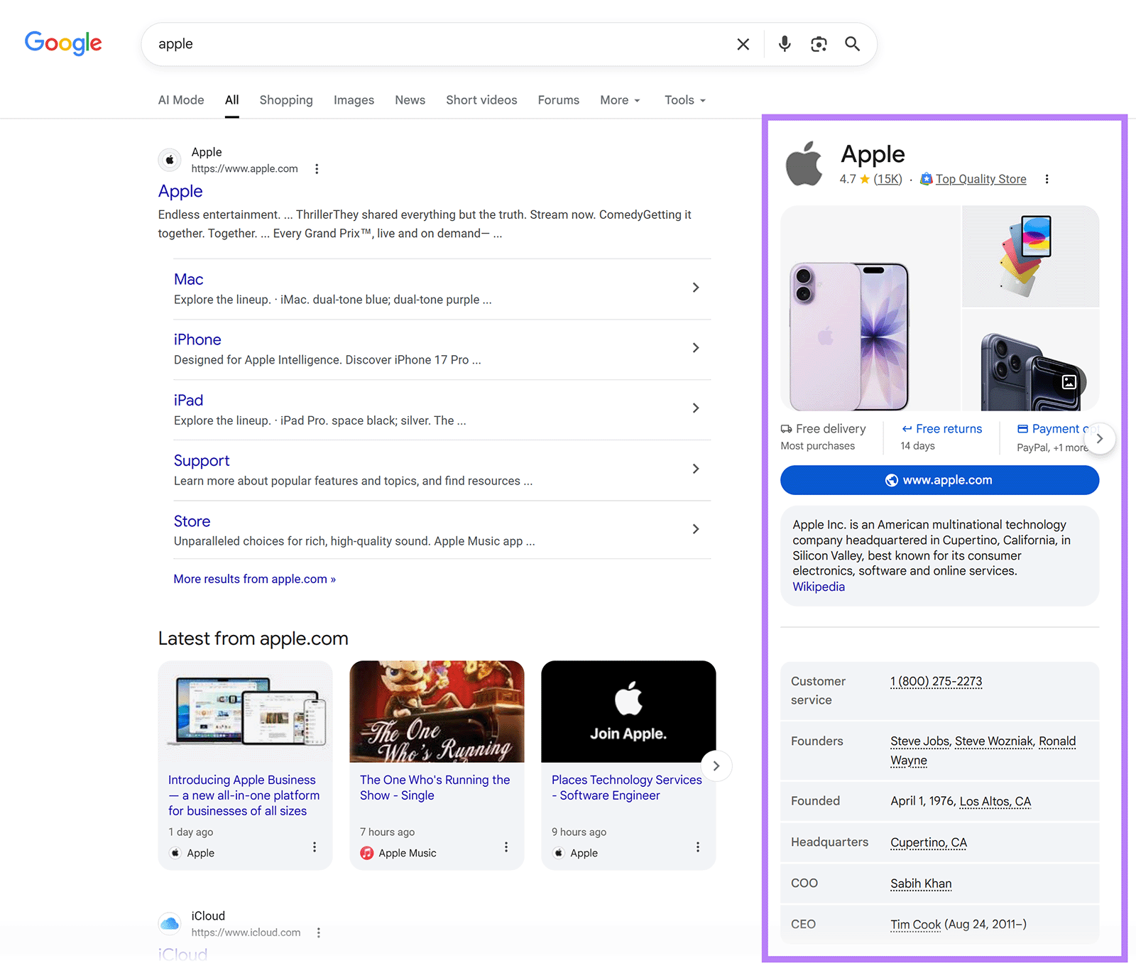 Google search for “apple” showing Apple knowledge panel with company info, products, founders, and website link