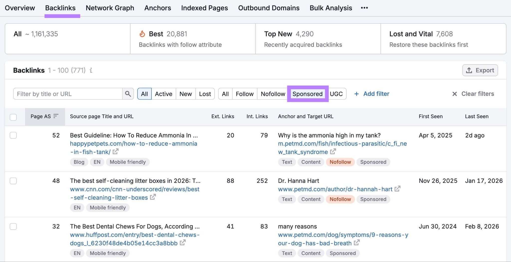 A list of sponsored backlinks on the "Backlinks" tab of the Backlink Analytics tool.