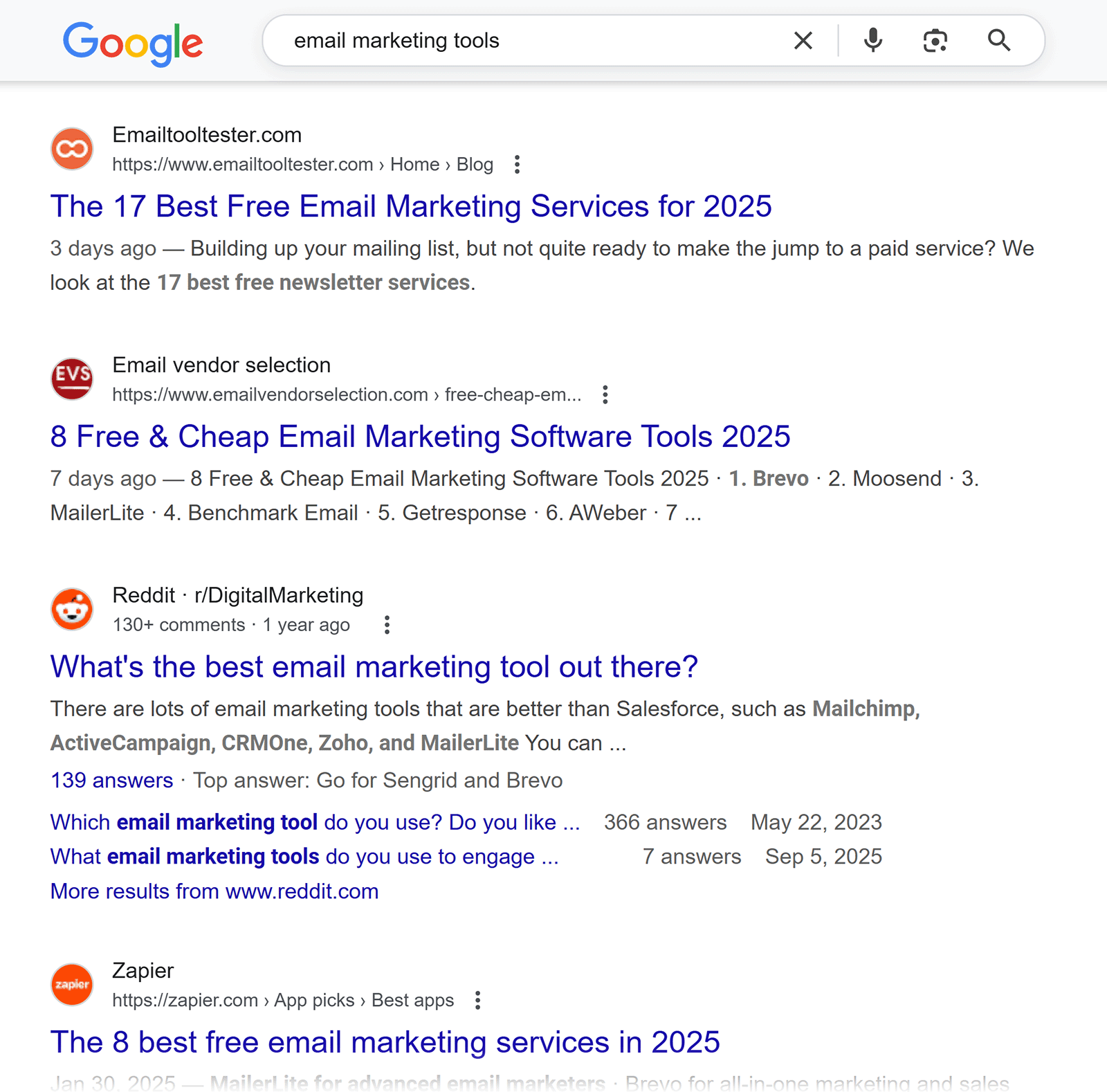 Google search results for “email marketing tools” showing blog and forum links