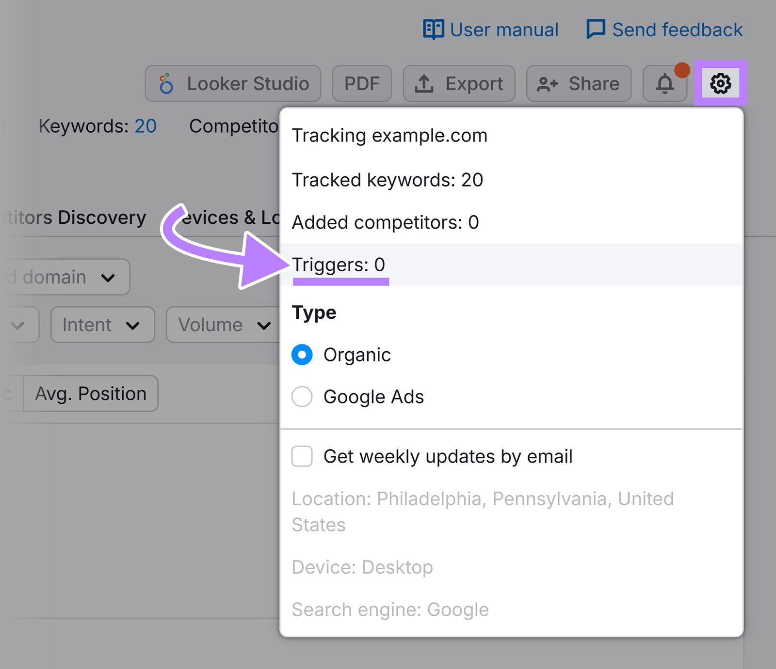 Position Tracking settings menu with arrow pointing to Triggers option.