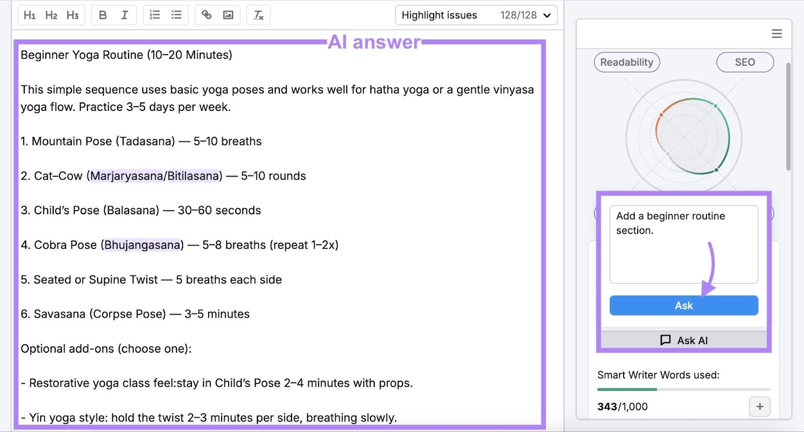 AI answer in SEO Writing Assistant