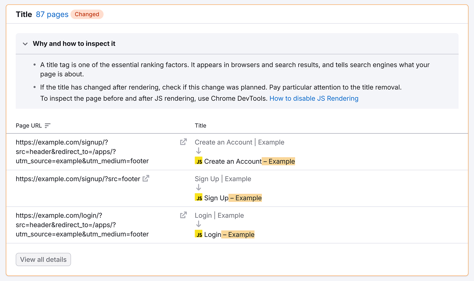 Report showing title changes before and after JS rendering with highlighted differences.