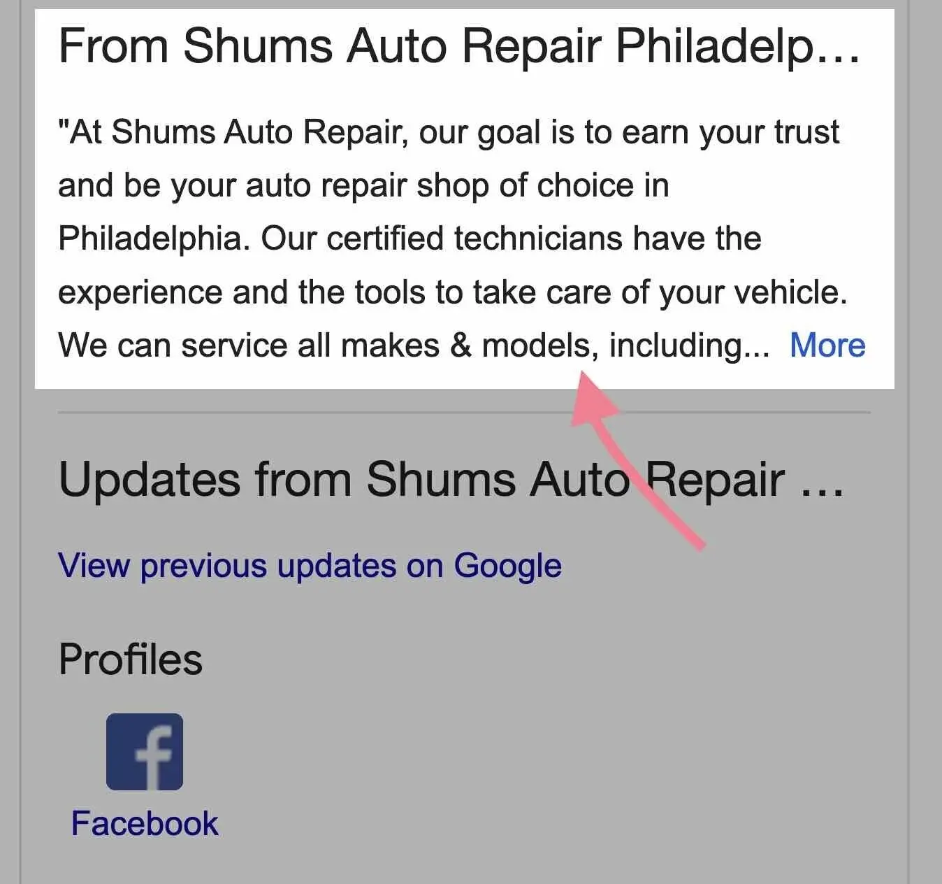 Shums Auto Repair Philadelphia business profile description highlighted.