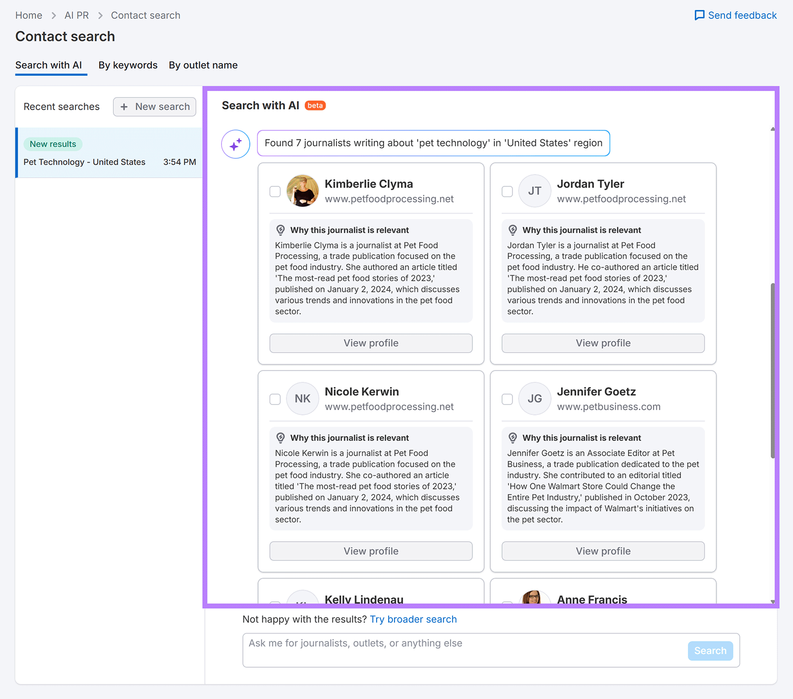 Search results listing journalists who cover pet technology, with profiles and relevance explanations.