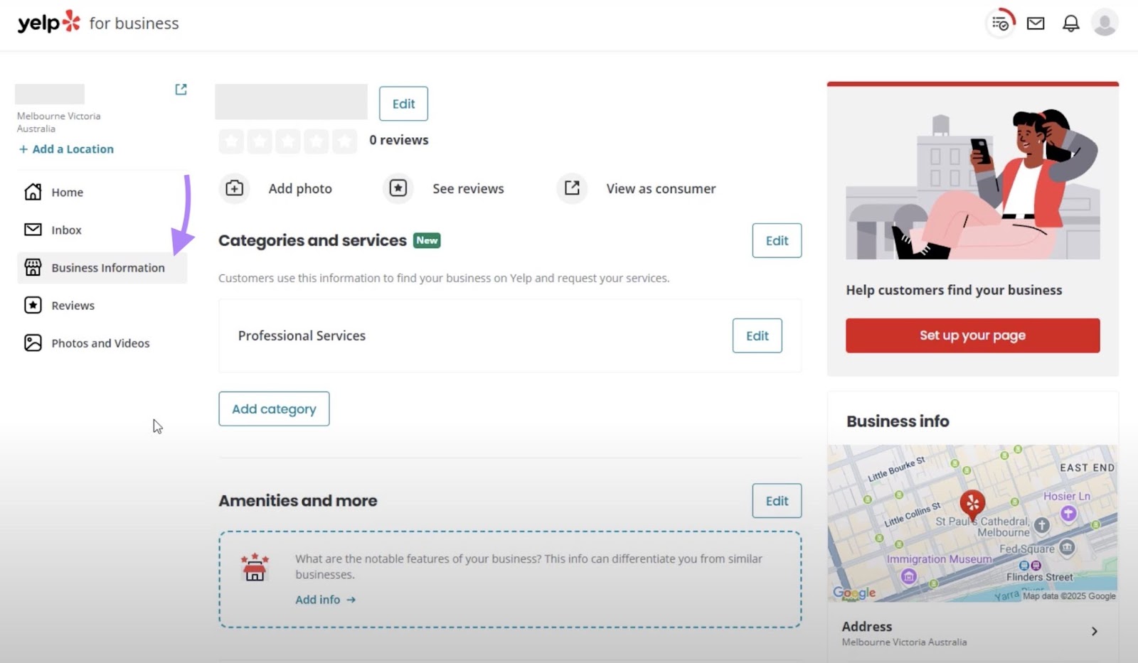 Business information window on Yelp with options to update details like the address, hours, and services.