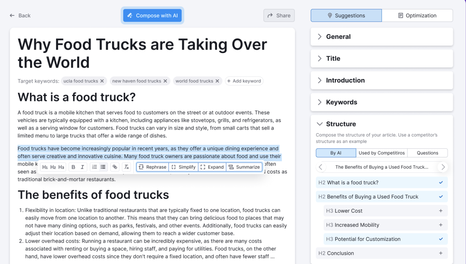 ContentShake’s text composition screen. On the left is the article in progress. On the right, the tool suggests edits to optimize it and improve its readability. The “Structure” section is expanded, showing suggested H2s and H3s to add.