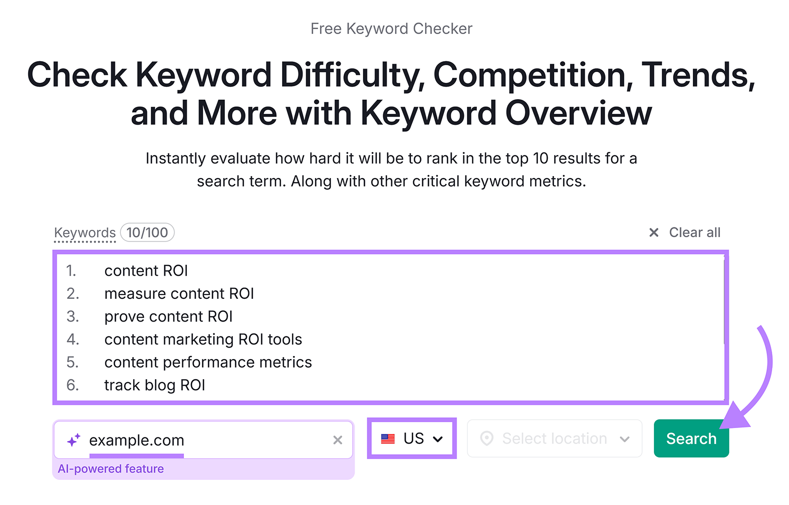 Keyword Overview start with keywords and domain entered, location set to US, and arrow pointing to Search button.