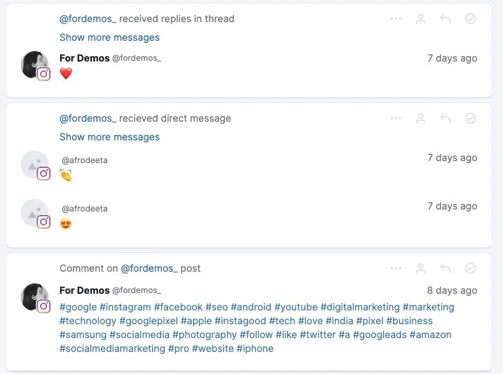 The Social Media Inbox tool showing a variety of recent Instagram mentions.