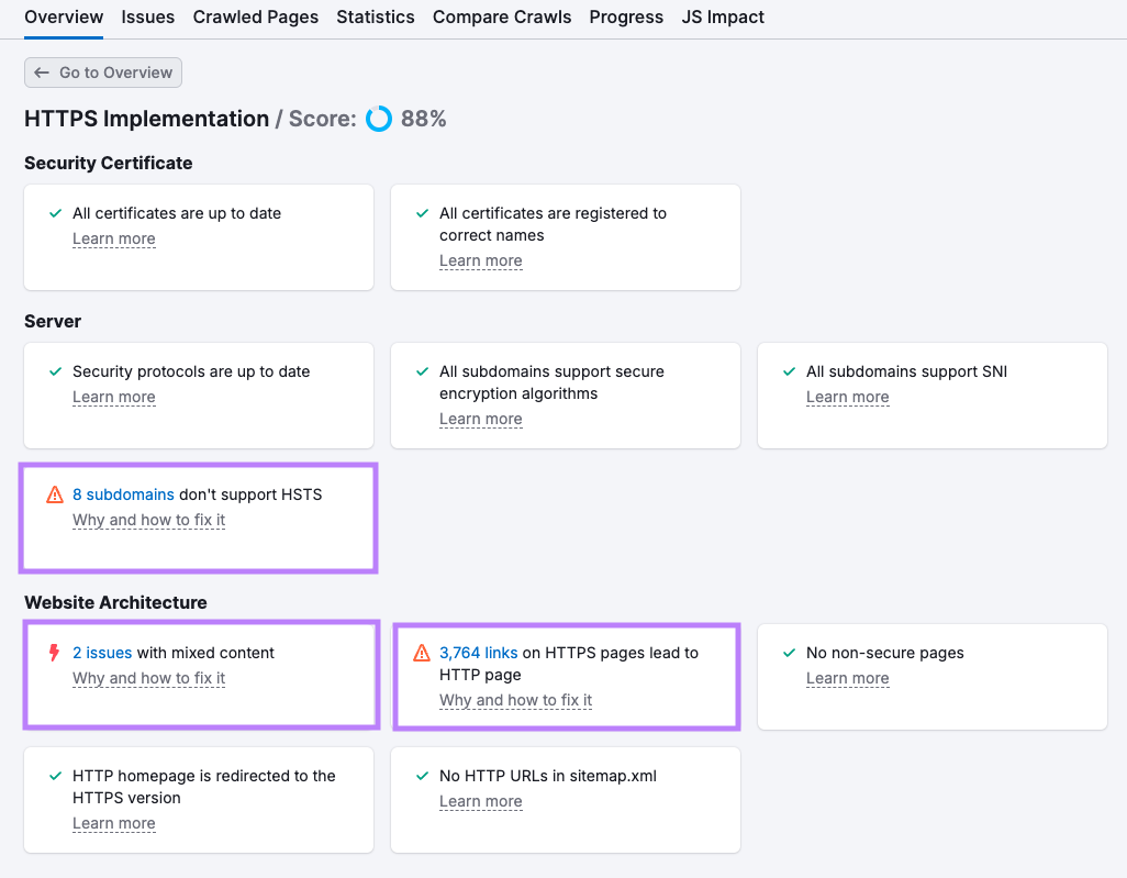 Using Semrush Site Audit to discover security issues