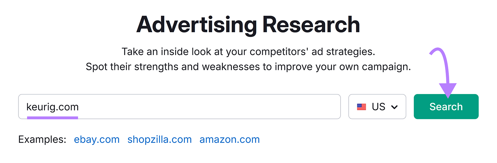 Semrush Advertising Research start with "keurig.com" typed and Search button highlighted.